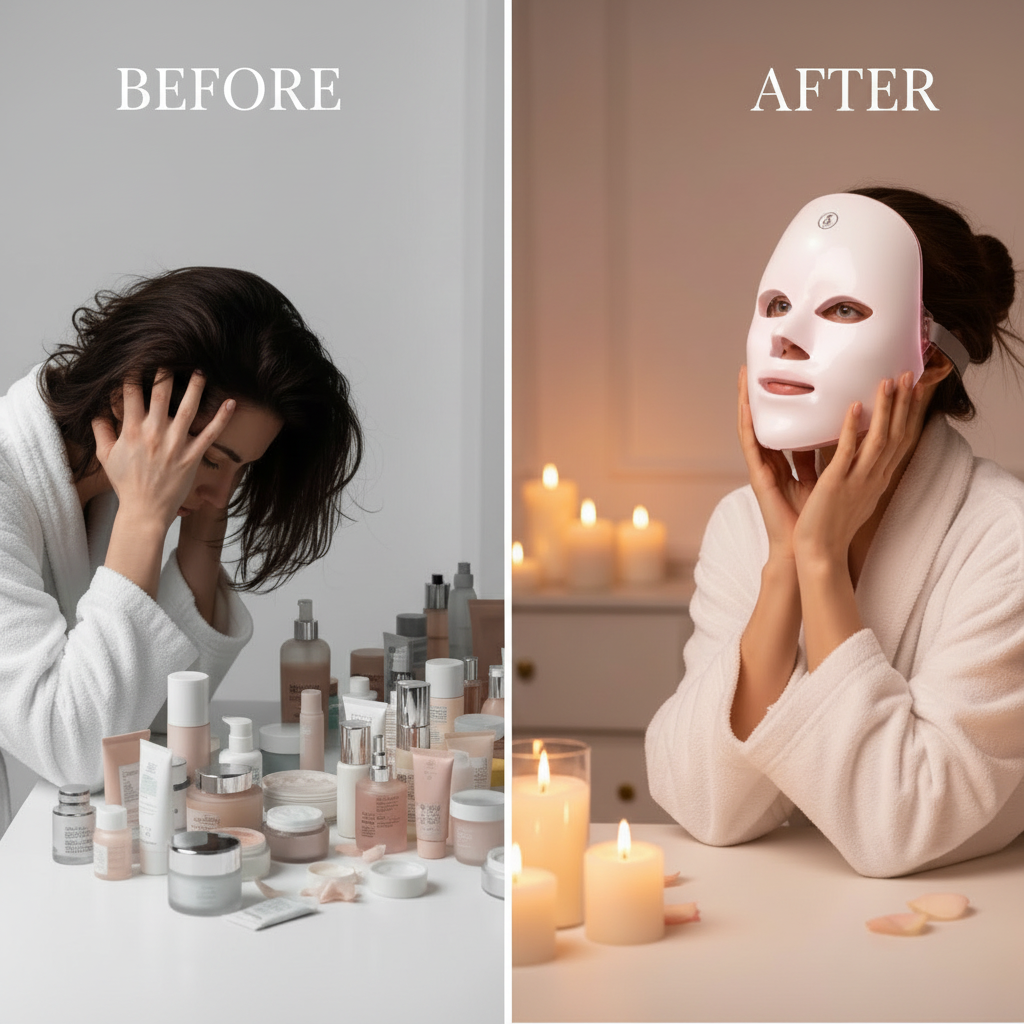 Before and after using NEOLYA LED mask skincare transformation