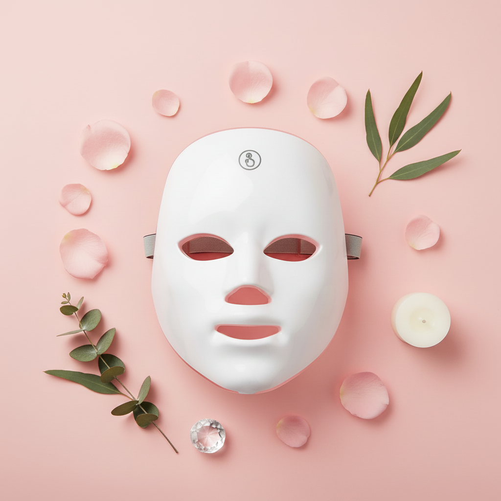NEOLYA LED mask flat lay with skincare accessories