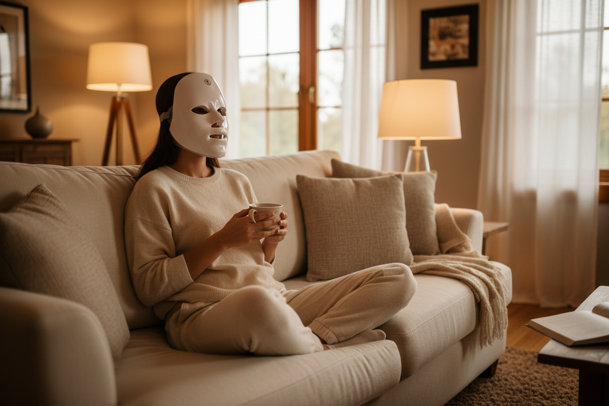 Woman relaxing on sofa wearing NEOLYA LED face mask at home